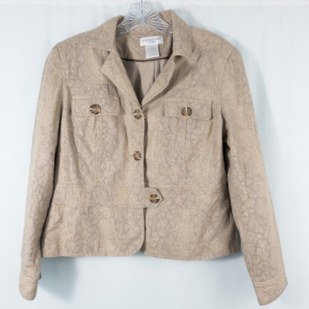 Worthington Linen Blend Blazer Jacket Women Size 14P Tan Snakeskin Lined Neutral